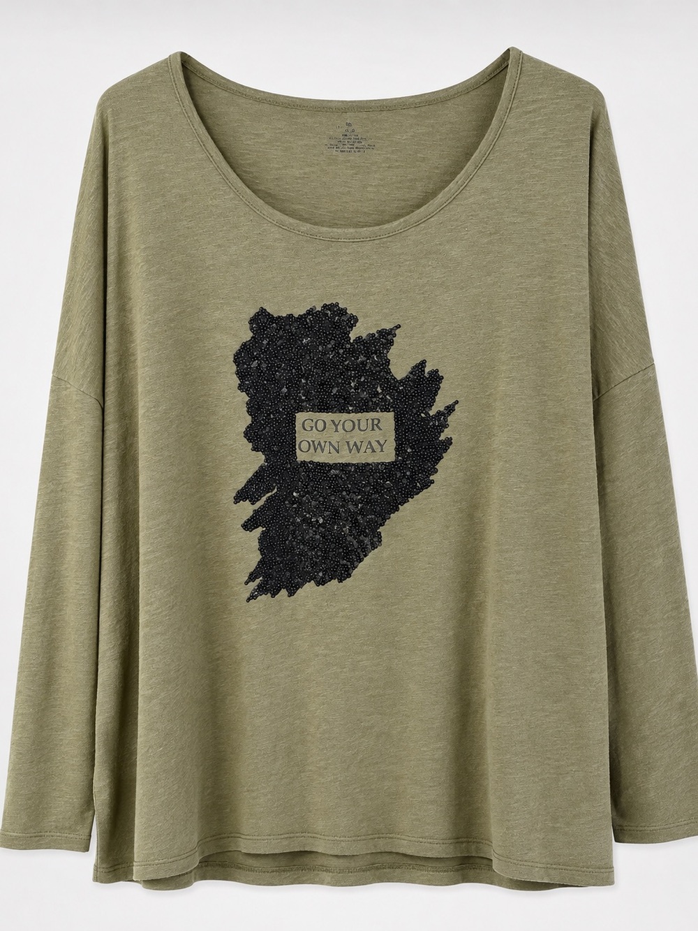 Lane Bryant Olive Scoop Neck Graphic Sweater with Black Sequin Accent